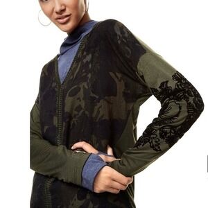 Desigual Womens Camo Floral Velvet Applique V-Neck Top Olive Green Small